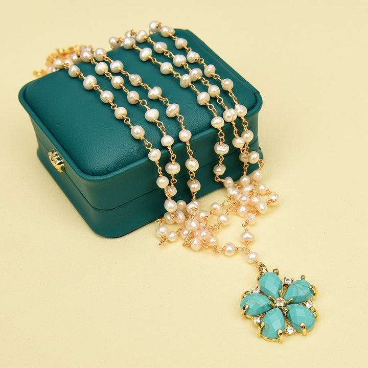 Freshwater Cultured White Pearl Rosary Chain Necklace Blue Turquoise Flower Gold Plated CZ Paved Charms Pendant - LeisFita.com