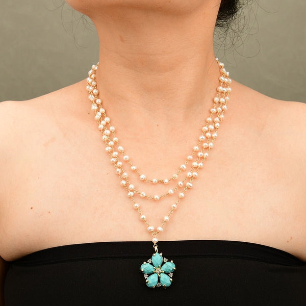 Freshwater Cultured White Pearl Rosary Chain Necklace Blue Turquoise Flower Gold Plated CZ Paved Charms Pendant - LeisFita.com