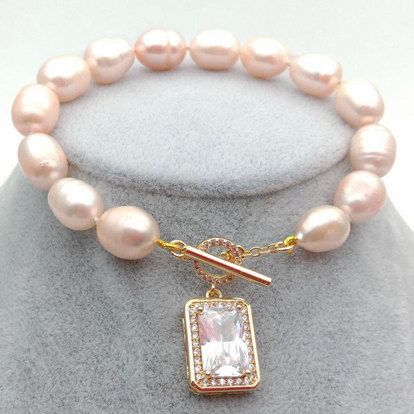 Freshwater Pink Rice Pearl strand Bracelet Cubic Zirconia rectangle pave Toggle Clasp cute for women - LeisFita.com