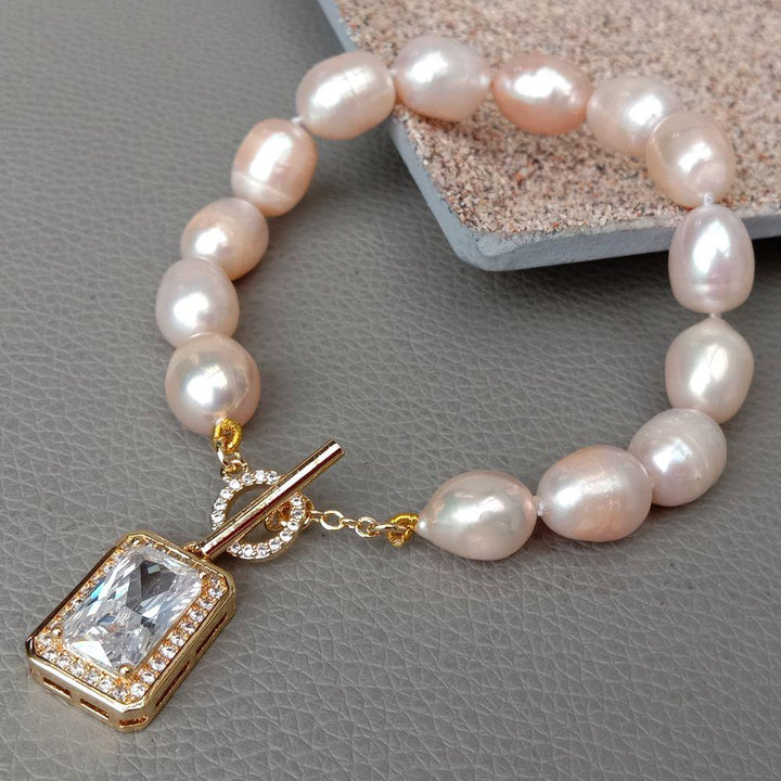 Freshwater Pink Rice Pearl strand Bracelet Cubic Zirconia rectangle pave Toggle Clasp cute for women - LeisFita.com