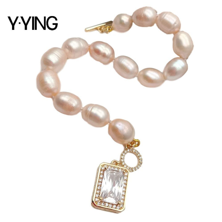 Freshwater Pink Rice Pearl strand Bracelet Cubic Zirconia rectangle pave Toggle Clasp cute for women - LeisFita.com