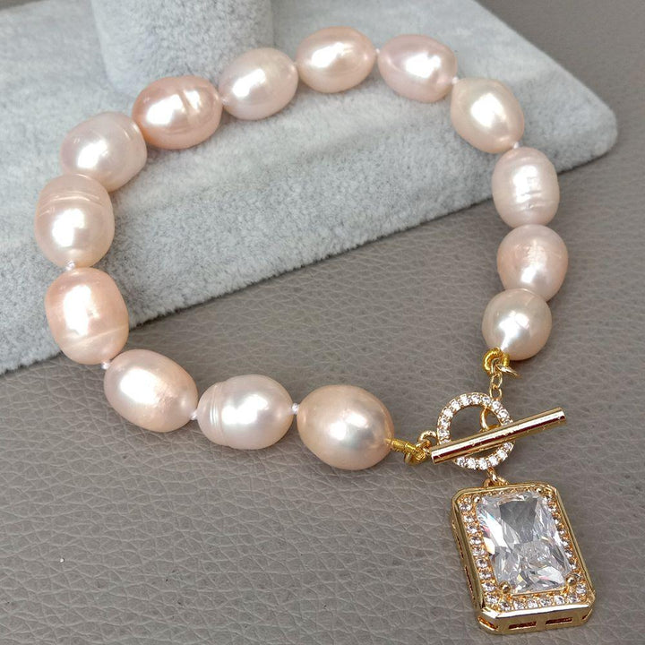 Freshwater Pink Rice Pearl strand Bracelet Cubic Zirconia rectangle pave Toggle Clasp cute for women - LeisFita.com