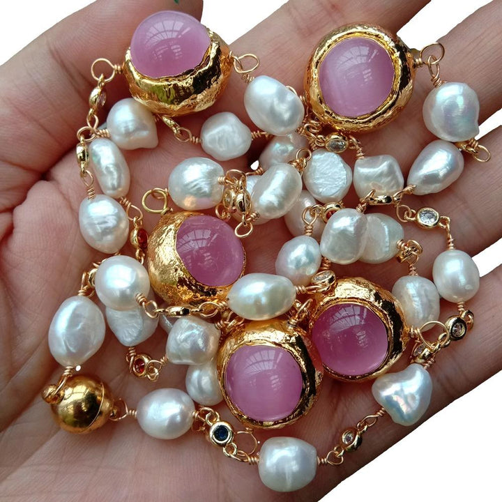 Freshwater White Baroque Pearl Cz Pave Chain Pink Cat Eye Long sweater chain Necklace 34&quot; wrap handmade for women - LeisFita.com
