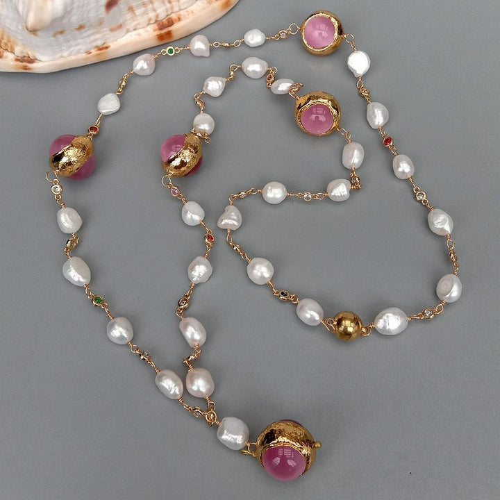 Freshwater White Baroque Pearl Cz Pave Chain Pink Cat Eye Long sweater chain Necklace 34&quot; wrap handmade for women - LeisFita.com