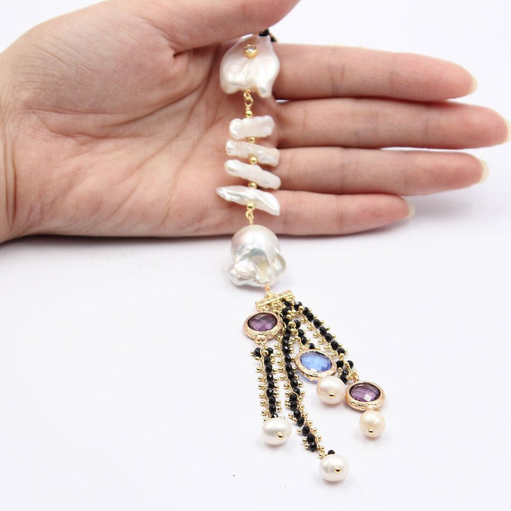 Freshwater White Keshi Pearl Biwa Pearl Black Crystal Necklace 18&quot; Handmade For Women - LeisFita.com