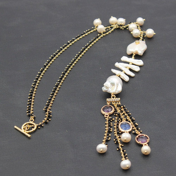 Freshwater White Keshi Pearl Biwa Pearl Black Crystal Necklace 18&quot; Handmade For Women - LeisFita.com
