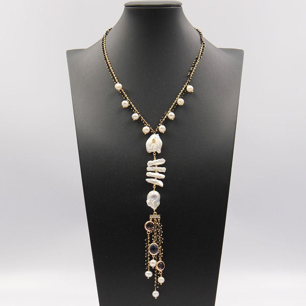 Freshwater White Keshi Pearl Biwa Pearl Black Crystal Necklace 18&quot; Handmade For Women - LeisFita.com