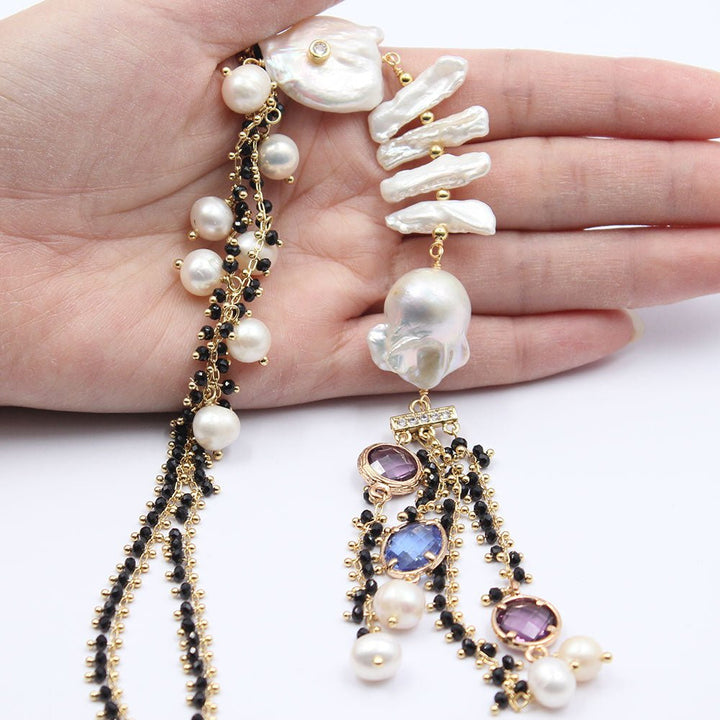 Freshwater White Keshi Pearl Biwa Pearl Black Crystal Necklace 18&quot; Handmade For Women - LeisFita.com
