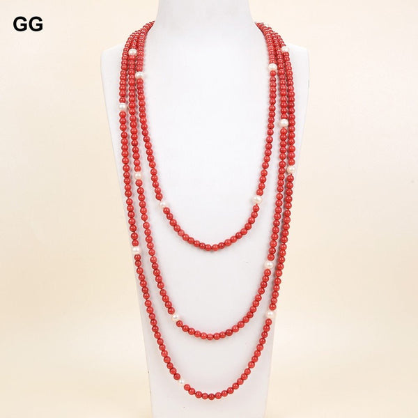 Freshwater white pearl red coral bead necklace - LeisFita.com