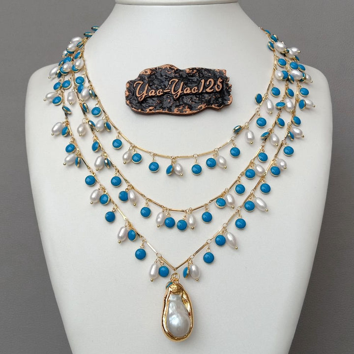 Freshwater White Rice Pearl Blue Enamel Chain Necklace Keshi Pendant - LeisFita.com