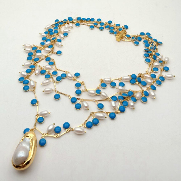 Freshwater White Rice Pearl Blue Enamel Chain Necklace Keshi Pendant - LeisFita.com