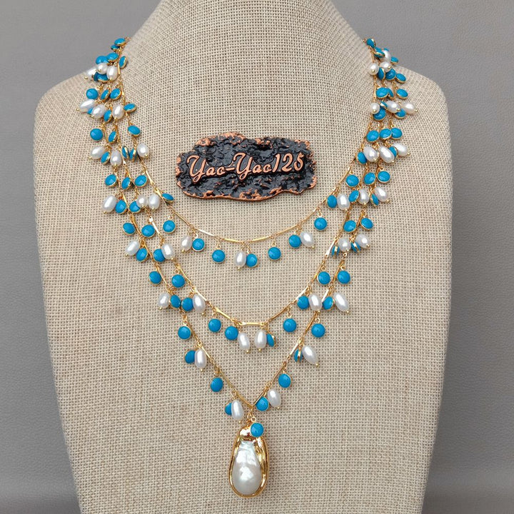 Freshwater White Rice Pearl Blue Enamel Chain Necklace Keshi Pendant - LeisFita.com