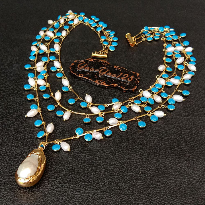 Freshwater White Rice Pearl Blue Enamel Chain Necklace Keshi Pendant - LeisFita.com