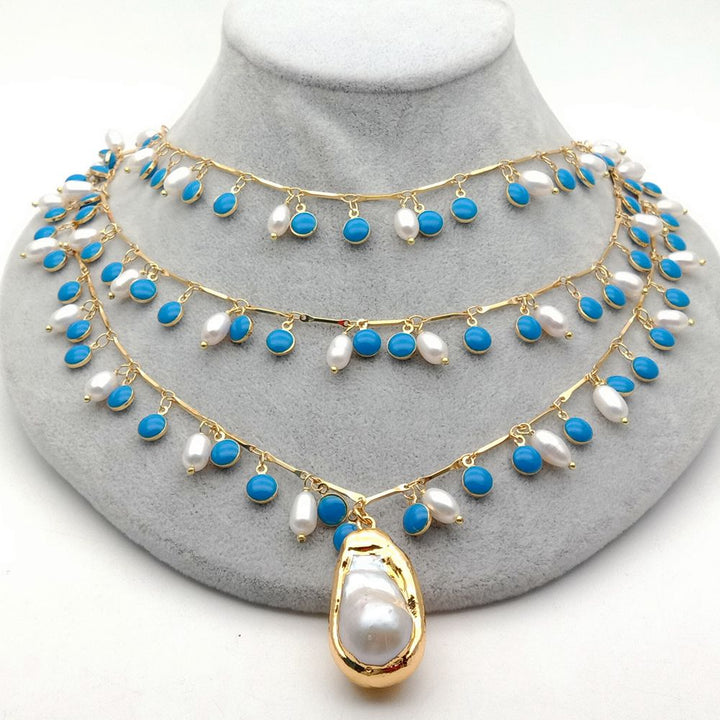 Freshwater White Rice Pearl Blue Enamel Chain Necklace Keshi Pendant - LeisFita.com