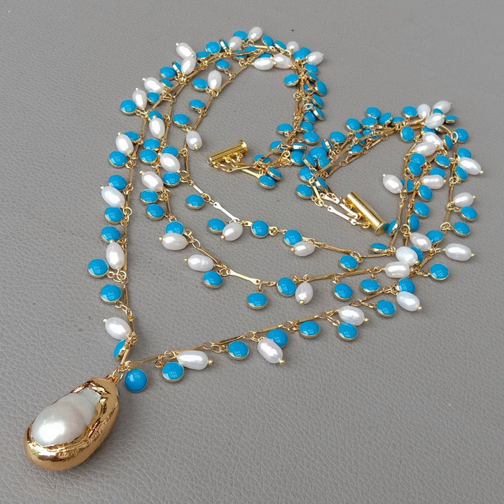 Freshwater White Rice Pearl Blue Enamel Chain Necklace Keshi Pendant - LeisFita.com