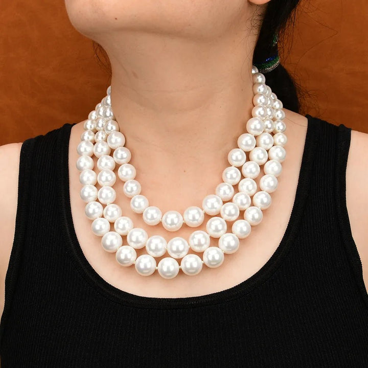 G-G 18'' 3 Rows Classic Natural White Sea Shell Pearl Round Graduated Necklace Multi Layers Jewelry Elegant Women's Necklace - LeisFita.com