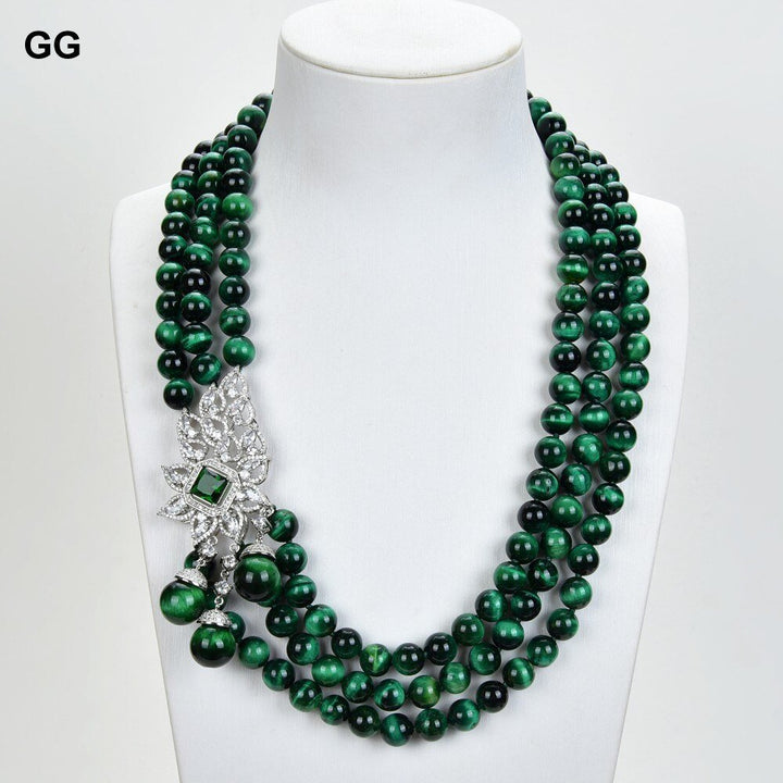 GG Jewelry 10mm 14mm 3 Strands Round Green Tiger eye Necklace CZ Connector - LeisFita.com