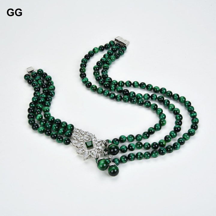 GG Jewelry 10mm 14mm 3 Strands Round Green Tiger eye Necklace CZ Connector - LeisFita.com