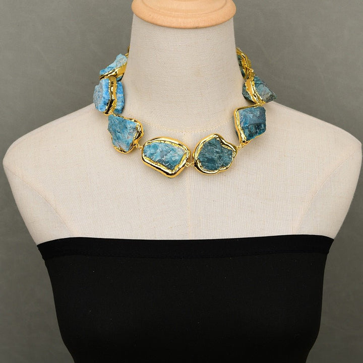 GG Jewelry 18" Huge Natural Blue Apatite Stone Rough Nugget Gold Plated Edge Gems Chokers Necklace Simple Jewelry For Lady - LeisFita.com