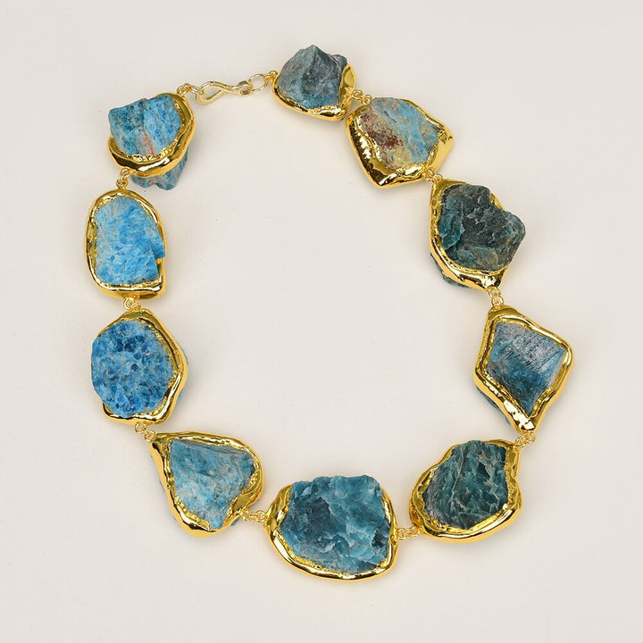 GG Jewelry 18" Huge Natural Blue Apatite Stone Rough Nugget Gold Plated Edge Gems Chokers Necklace Simple Jewelry For Lady - LeisFita.com