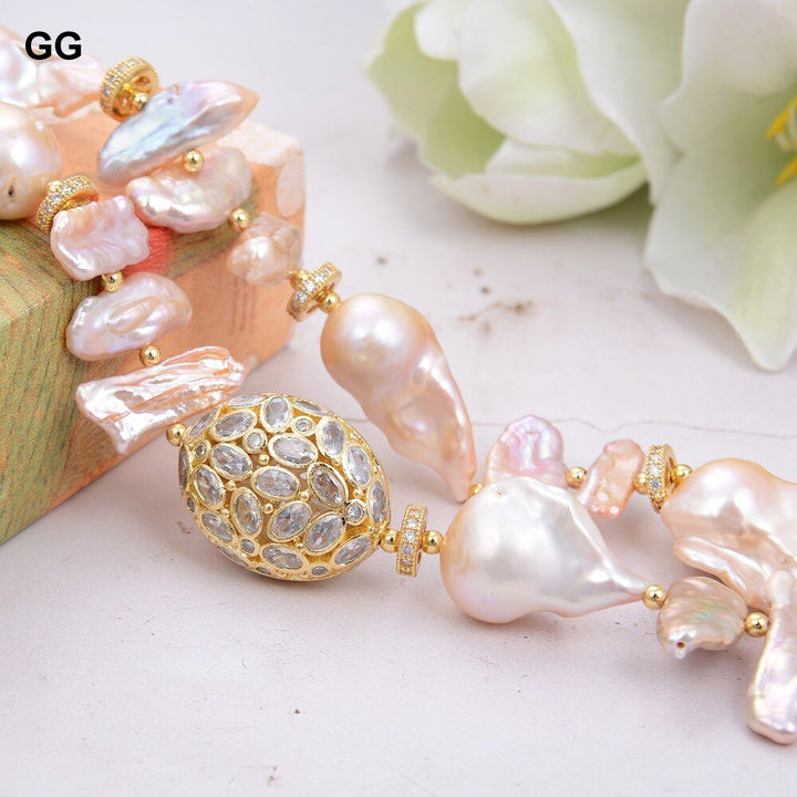 GG Jewelry 2 Rows Natural Nucleated Flameball Baroque Pearl Biwa Pearl Bracelet Cubic Zirconia Pave Gold Filled Clasp 8" - LeisFita.com