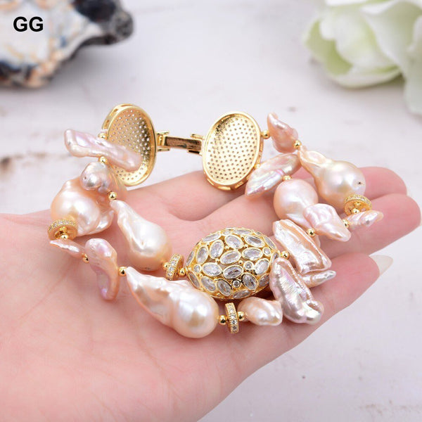 GG Jewelry 2 Rows Natural Nucleated Flameball Baroque Pearl Biwa Pearl Bracelet Cubic Zirconia Pave Gold Filled Clasp 8" - LeisFita.com