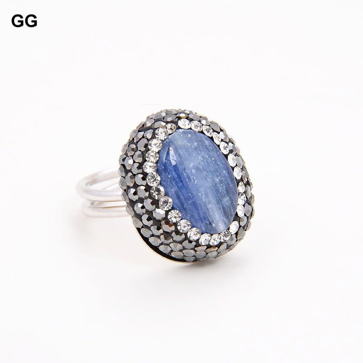 GG Jewelry 20MM Natural Blue Apatite Quartz Black Macersite Paved Ring - LeisFita.com