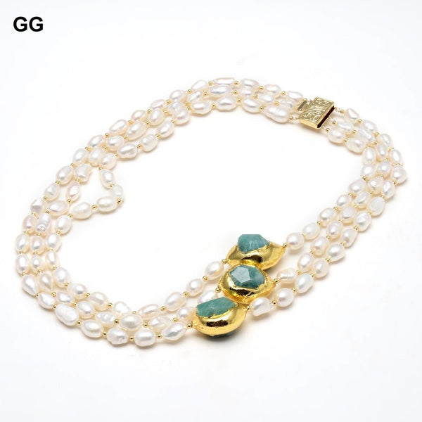 GG Jewelry 20&quot; 3 Strands Cultured Baroque Pearl Gold Color Plated Amazonite Necklace Bracelet Earrings Sets For Women - LeisFita.com