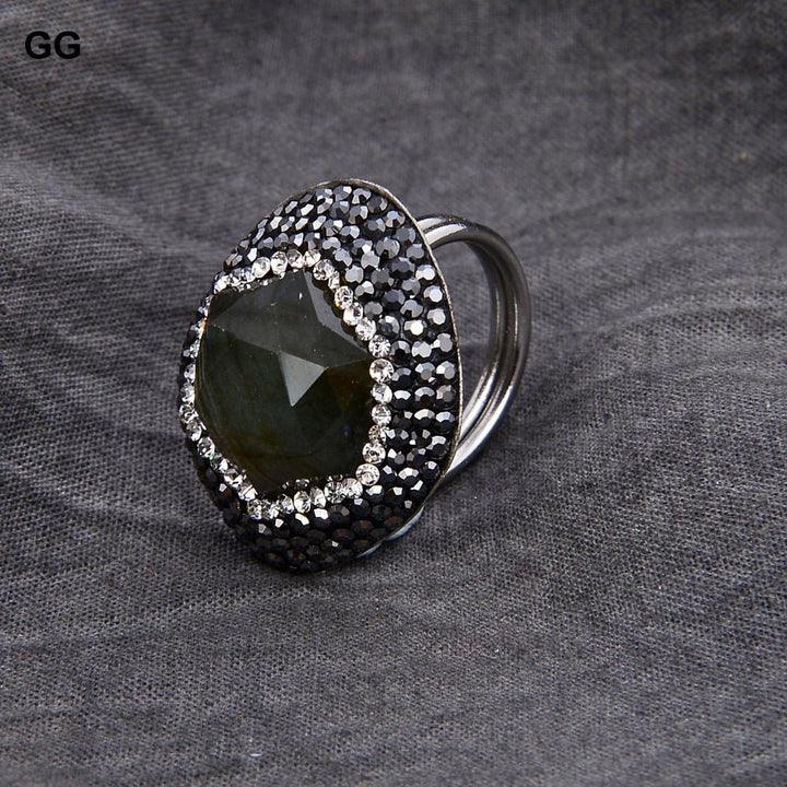 GG Jewelry 22MM Natural Black Labradorite Spectrolite Black Macersite Ring - LeisFita.com