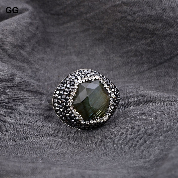 GG Jewelry 22MM Natural Black Labradorite Spectrolite Black Macersite Ring - LeisFita.com