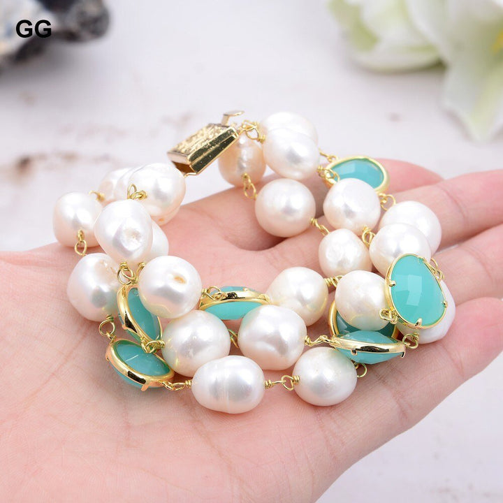 GG Jewelry 3 Rows Natural Cultured White Baroque Pearl Green Crystal Wrap Bracelet Handmade For Women - LeisFita.com