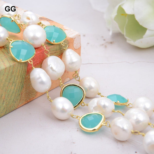 GG Jewelry 3 Rows Natural Cultured White Baroque Pearl Green Crystal Wrap Bracelet Handmade For Women - LeisFita.com