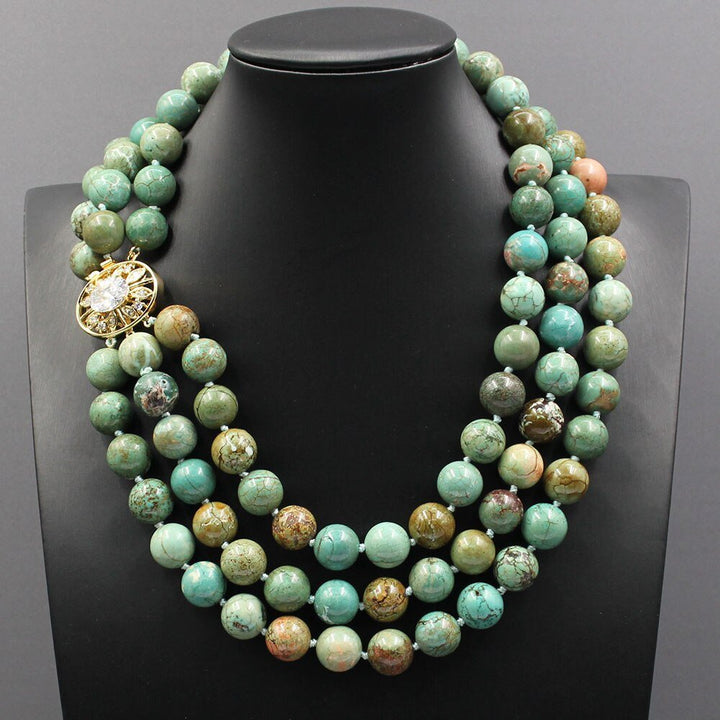 GG Jewelry 3 Strands 14MM Smooth Round Green Turquoise Necklace Bracelet Earrings Sets Real Stone For Lady - LeisFita.com