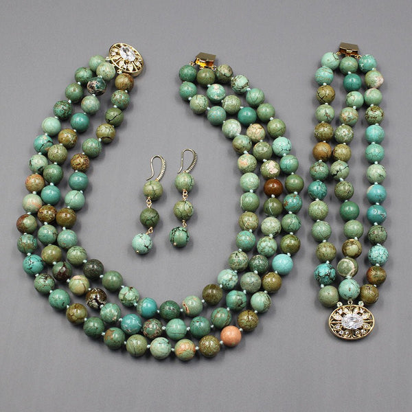 GG Jewelry 3 Strands 14MM Smooth Round Green Turquoise Necklace Bracelet Earrings Sets Real Stone For Lady - LeisFita.com