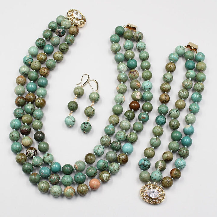 GG Jewelry 3 Strands 14MM Smooth Round Green Turquoise Necklace Bracelet Earrings Sets Real Stone For Lady - LeisFita.com