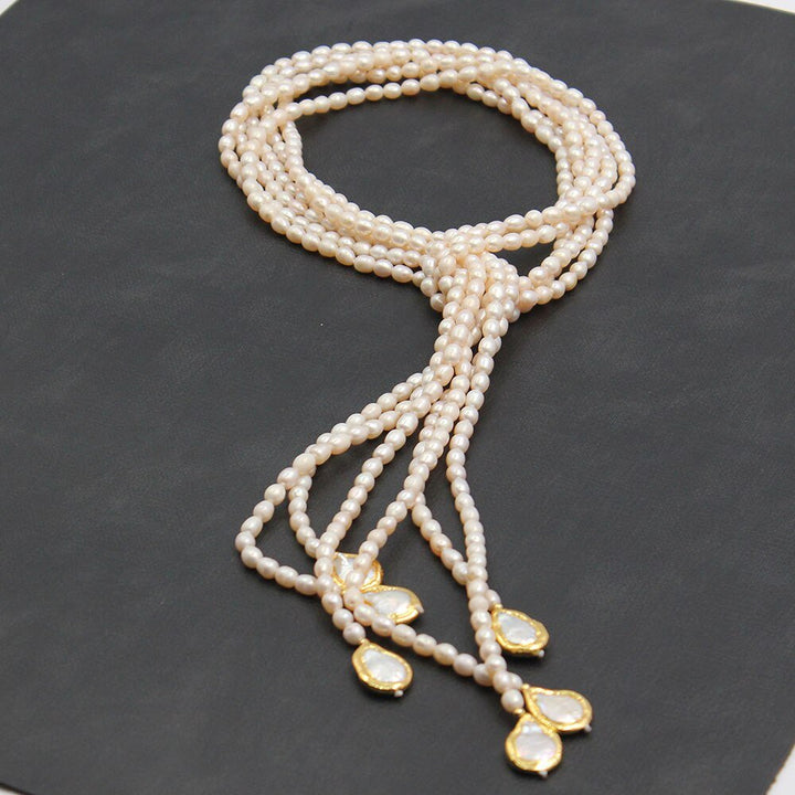 GG Jewelry 3 Strands Cultured White Rice Pearl Teardrop Keshi Pearl Lariat Long Sweater chain Necklace 50'' Handmade For Women - LeisFita.com
