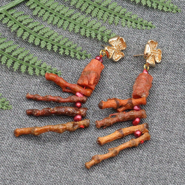 GG Jewelry 3 Strands Natural Keshi Pearl Red Coral Branch Raw Nugget CZ Flower Necklace Bracelet Earrings Sets Handmade For Lady - LeisFita.com