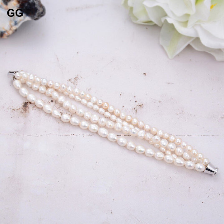 GG Jewelry 4 Rows Natural Freshwater Cultured White Pearl Bracelet Handmade For Women - LeisFita.com