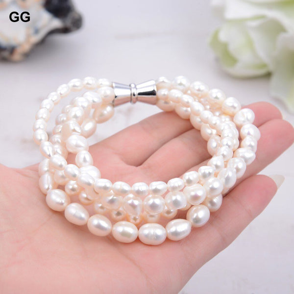 GG Jewelry 4 Rows Natural Freshwater Cultured White Pearl Bracelet Handmade For Women - LeisFita.com