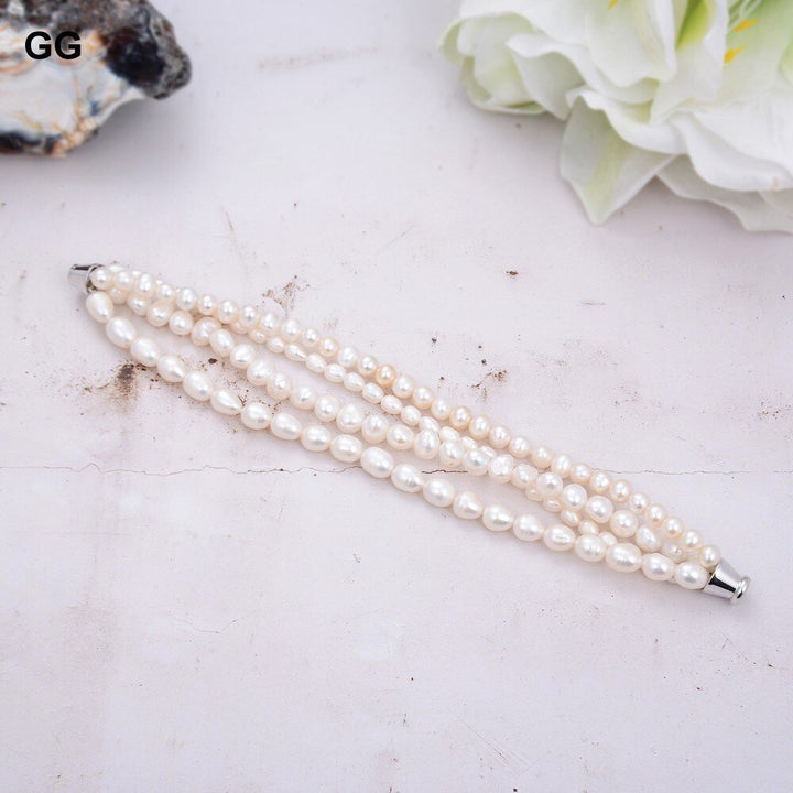 GG Jewelry 4 Rows Natural Freshwater Cultured White Pearl Bracelet Handmade For Women - LeisFita.com