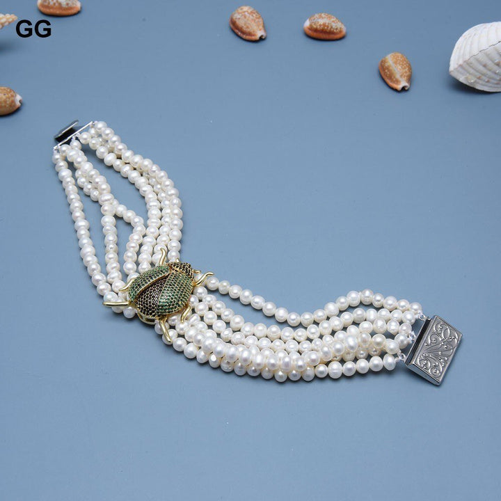 GG Jewelry 6 Strands 8" Natural White Pearl CZ Pave Insect Ladybird Bracelet Handmade For Women - LeisFita.com