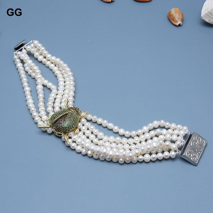 GG Jewelry 6 Strands 8" Natural White Pearl CZ Pave Insect Ladybird Bracelet Handmade For Women - LeisFita.com