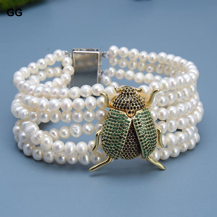 GG Jewelry 6 Strands 8" Natural White Pearl CZ Pave Insect Ladybird Bracelet Handmade For Women - LeisFita.com