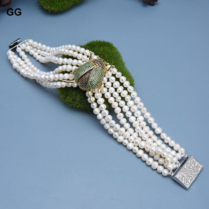 GG Jewelry 6 Strands 8" Natural White Pearl CZ Pave Insect Ladybird Bracelet Handmade For Women - LeisFita.com