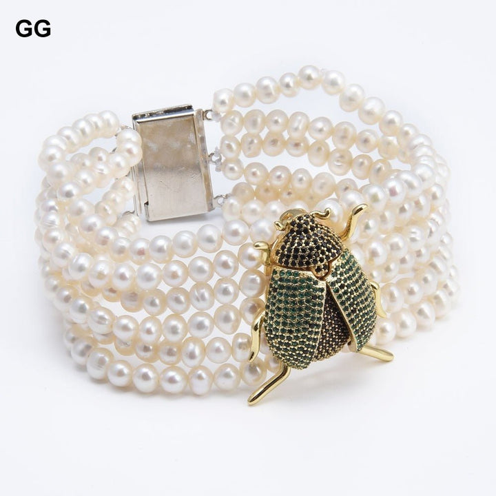 GG Jewelry 6 Strands 8" Natural White Pearl CZ Pave Insect Ladybird Bracelet Handmade For Women - LeisFita.com