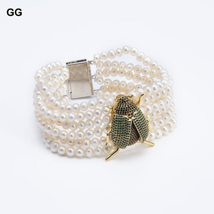 GG Jewelry 6 Strands 8" Natural White Pearl CZ Pave Insect Ladybird Bracelet Handmade For Women - LeisFita.com