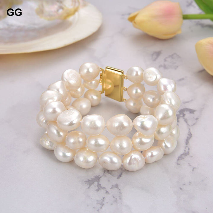 GG Jewelry 8" 13-14MM AA Natural White Baroque Pearl Bracelet - LeisFita.com