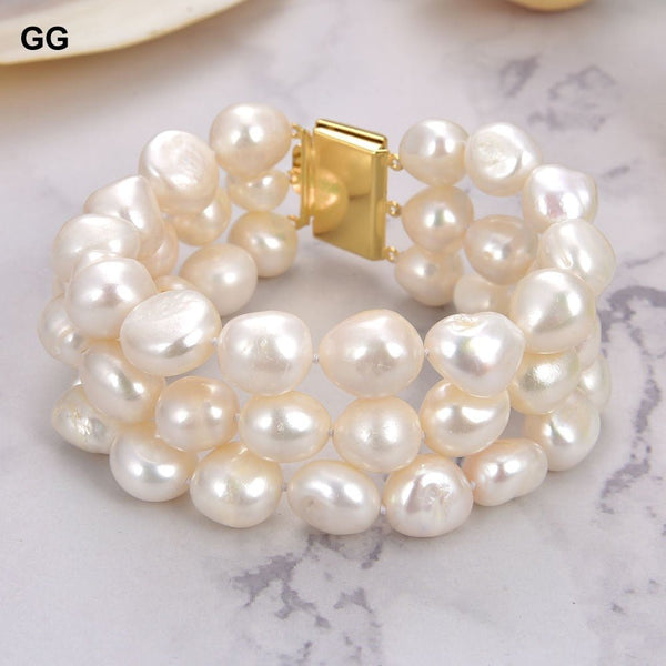 GG Jewelry 8" 13-14MM AA Natural White Baroque Pearl Bracelet - LeisFita.com