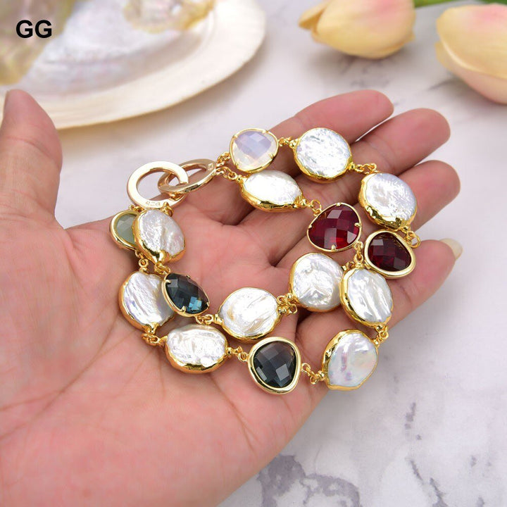 GG Jewelry 8" 2 Rows Cultured White Coin Pearl Golden Plated Crystal Connector Bracelet - LeisFita.com