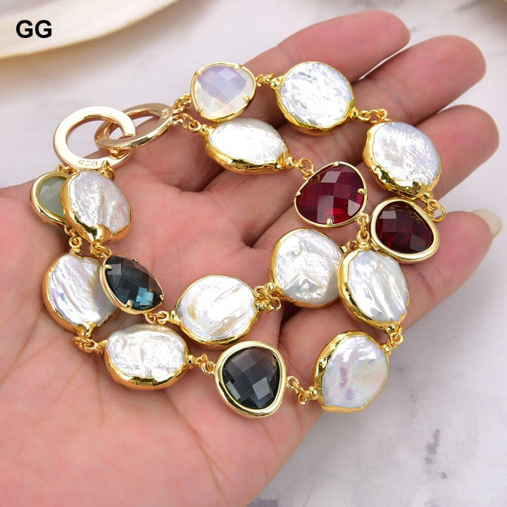 GG Jewelry 8" 2 Rows Cultured White Coin Pearl Golden Plated Crystal Connector Bracelet - LeisFita.com